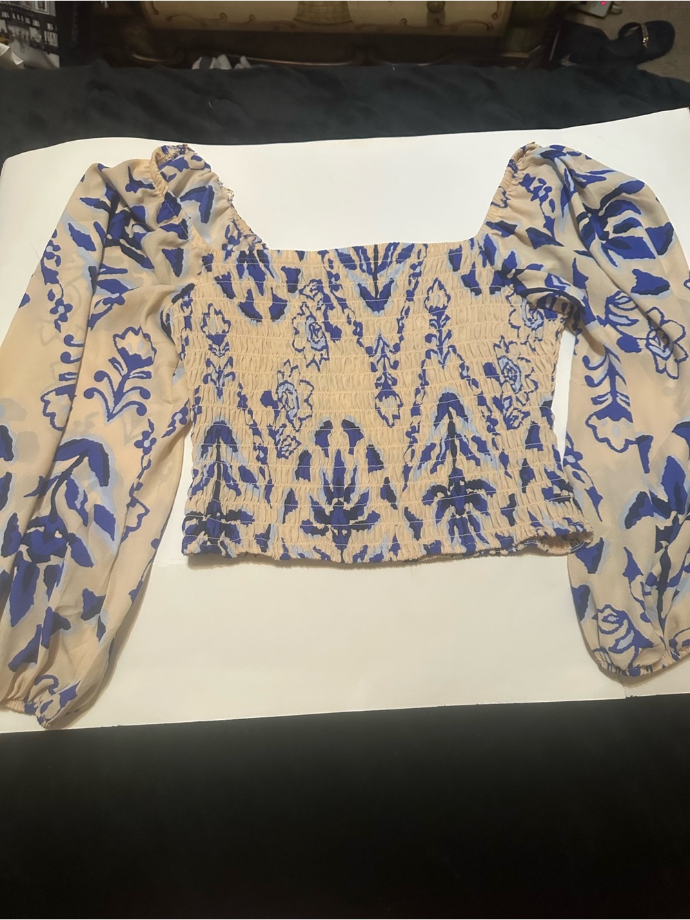 SIENNA SKY Smocked Square-Neck Top with Blue Floral Print Blousey Sleeves MEDIUM